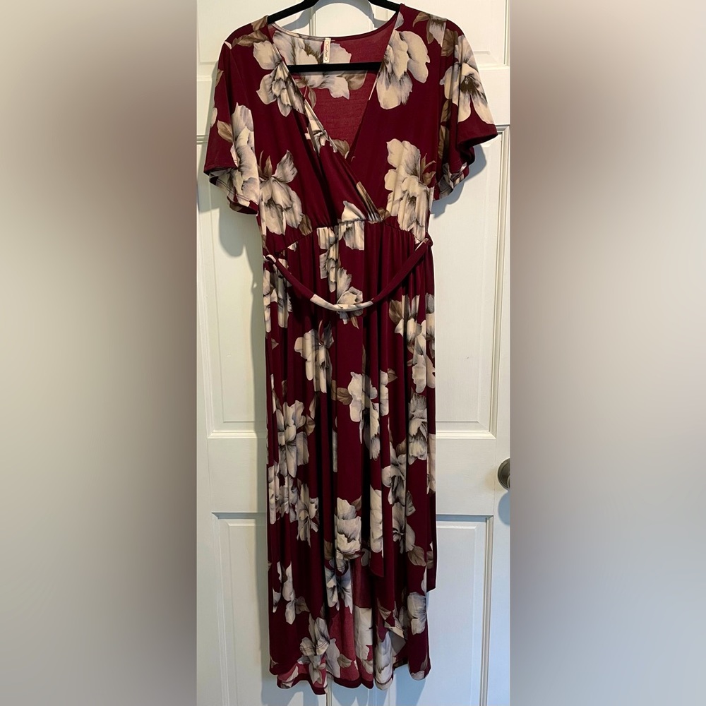 Burgundy Floral High-Low Midi Dress
